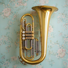 Fototapeta premium Golden euphonium against floral wallpaper, reflecting light beautifully