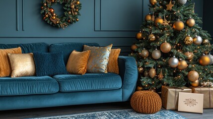 Cozy living room decorated for Christmas with a tree and festive ornaments.