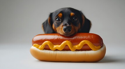A playful dog in a hotdog costume, sporting a cheerful expression, rests its head on a stuffed hotdog, radiating joy.