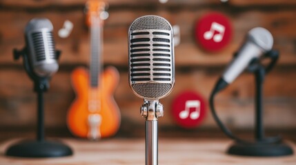 Grammy award concept, A vintage microphone stands prominently in a music studio, surrounded by instruments and musical notes, creating a vibrant and artistic atmosphere.