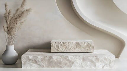 Textured Beige Stone Blocks Podium for Natural Decor