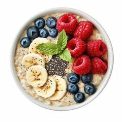 Realistic bowl of oatmeal topped with fresh raspberries isolated on transparent background...