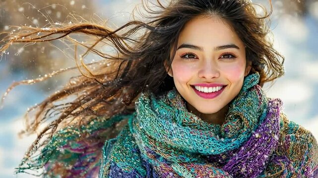 A stunning woman with flowing locks wears a vibrant array of layered clothing in shades of blues, purples, and greens as she gracefully makes her way through the snow covered landscape