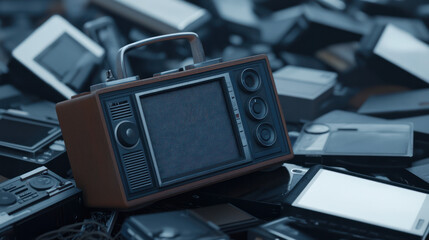 Faded vintage radio on a wooden desk, surrounded by modern tech, symbolizing the decline of traditional broadcasting.