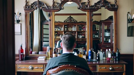 Retro barber shop interior featuring a client seated in a classic barber chair, surrounded by grooming tools and mirrors.