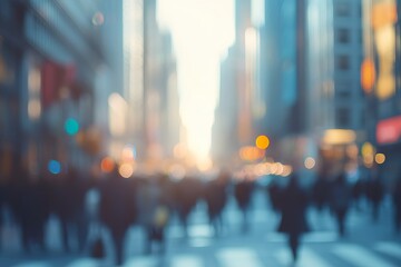 Crowd walking down a busy city street, telephoto lens, realistic daylight. Background AI generated image