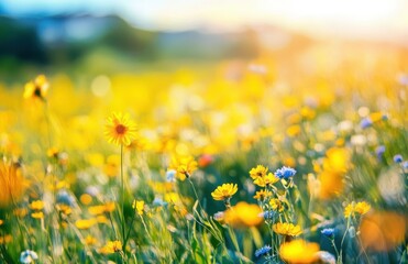Obraz premium Vibrant Wildflower Meadow in Bloom Under Warm Sunlight, Showcasing a Colorful Array of Yellow and Blue Blossoms Against a Soft Blurred Background