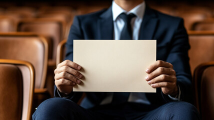 Naklejka premium man in suit holding blank sheet of paper in empty auditorium