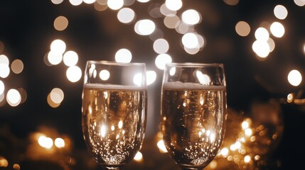 Sparklers and champagne flutes glowing against a blurred background of lights