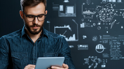 man using tablet with data visualizations in background