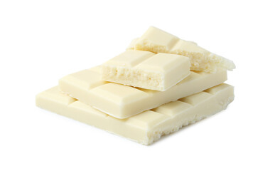 Pieces of delicious white chocolate isolated on white