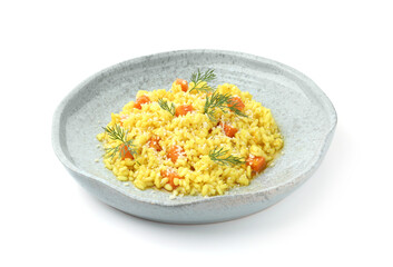 Delicious pumpkin risotto with dill isolated on white