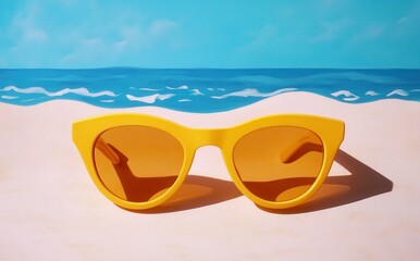 Vibrant Yellow Sunglasses Against a Bright Blue Ocean and Sandy Beach Background, Perfect for Summertime Vibes and Fashion Inspiration