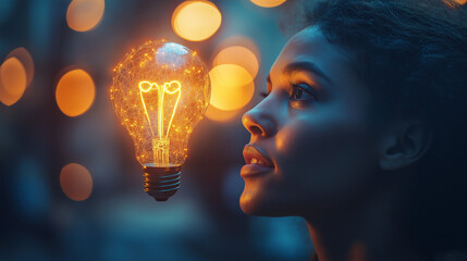 Eureka Moment: A close-up shot of a person with an expression of realization, with a glowing lightbulb illustration digitally overlaid above their head, set against a clean, neutral background
