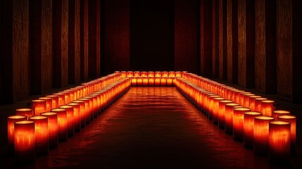 Grammy award concept, A serene pathway illuminated by glowing lanterns creates a warm, inviting atmosphere in a darkened space.
