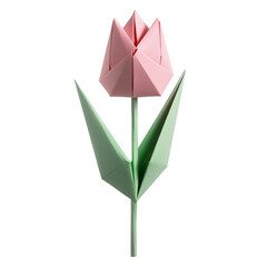 Pink origami tulip standing on transparent background