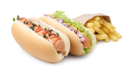 Tasty hot dogs with fries isolated on white