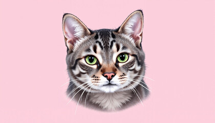 Obraz premium Realistic illustration of a cat's face with striking green eyes against a soft pink background