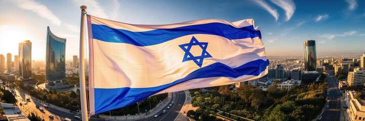 Israel flag fluttering close up outdoor