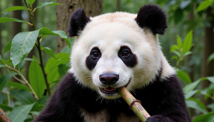 Fototapeta premium Giant panda eating bamboo with a relaxed expression in a lush green background, copy space