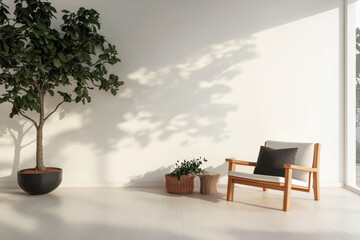 Modern minimalist interior with a wooden chair and indoor plants during daylight