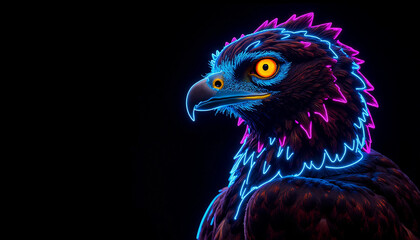 Fototapeta premium Neon stylized eagle portrait with glowing feathers on a dark background, copy space, creative design
