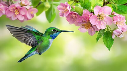 Fototapeta premium Colorful Hummingbird Flying Near Delicate Pink Flowers in Soft Focus Background