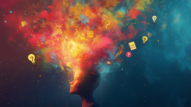 Mind Map Explosion: A stylized digital painting of a person at the center of a creative mind map with colorful branches leading to icons like books, lightbulbs, and question marks, set against a glowi