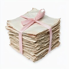 Vintage Stack of Aged Paper Sheets Tied with Soft Pink Ribbon on White Background