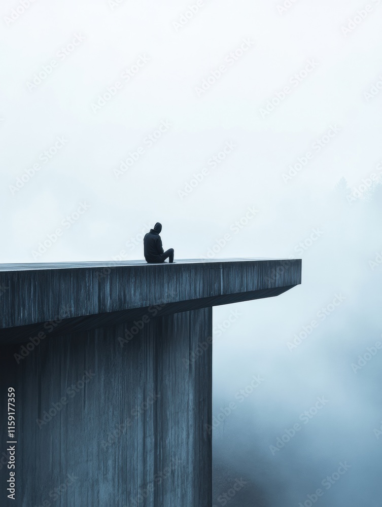 Aufkleber lonely figure contemplatively seated on the edge of a foggy bridge in the early morning light. gener