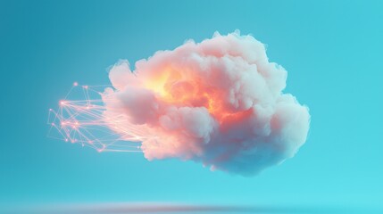 Futuristic glowing digital cloud with neon blue gradients and network connections, symbolizing innovation, artificial intelligence, and cloud computing.