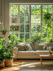 Obraz premium Bright and airy living room filled with plants and natural light in a cozy home setting