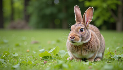 Naklejka premium Cute Rabbit Sitting on Green Grass in Nature with Copy Space for Trendy Designs