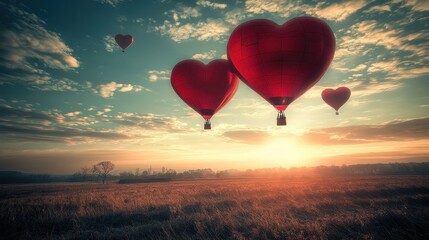 Fototapeta premium Romantic Hot Air Balloons in Heart Shape Over Scenic Landscape at Sunset
