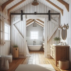 196 Barn Door White walls barn door leading to the bathroom wood