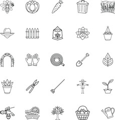 Gardening Icons Tools, Plants, Flowers, and Farm Equipment