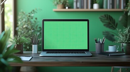 Fototapeta premium Modern Workspace with Greenery and Laptop for a Fresh and Productive Environment Eco-Friendly Modern Office Designs Green Interior Workspace Setups Digital Productivity with Nature Decor