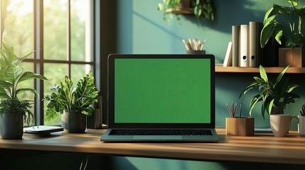 Modern Workspace with Greenery and Laptop for a Fresh and Productive Environment Eco-Friendly Modern Office Designs Green Interior Workspace Setups Digital Productivity with Nature Decor