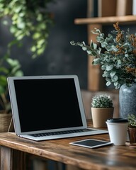 Fototapeta premium Creative Workspace with Vibrant Flowers and Laptop for Inspired Productivity Floral-Inspired Creative Office Spaces Nature-Inspired Workstation Designs Vibrant and Artistic Workspaces