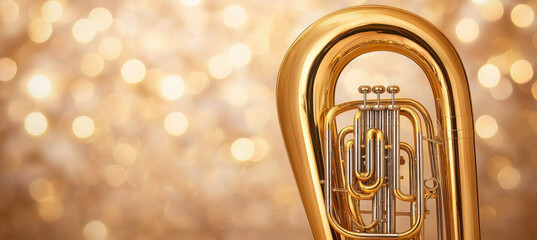 Golden tuba shines under soft stage lighting with intricate details