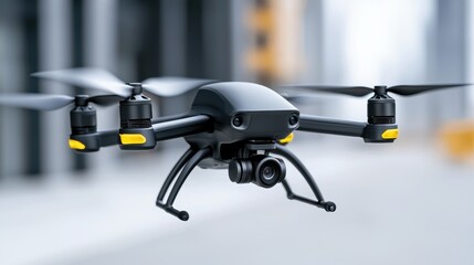 Sleek Black Drone Flying Amid Modern Urban Environment with Out-of-Focus Background