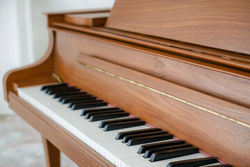 wooden upright piano with black and white keys in soft lighting