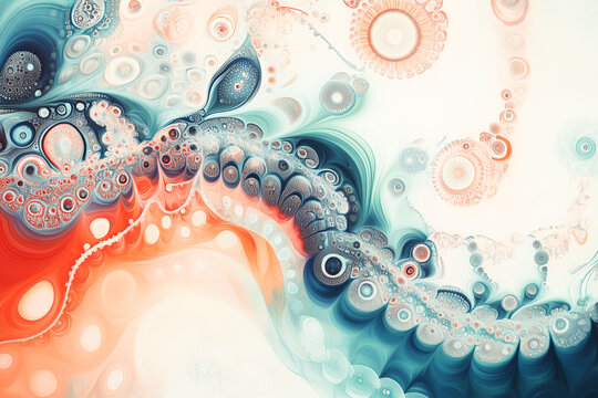 Abstract fractal painting with Mandelbrot and Julia set patterns in complementary warn and cool tones, showcasing intricate details, ideal for mathematical art and surrealist designs. 