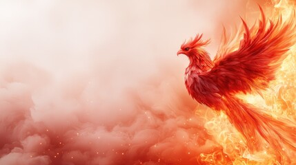 Fototapeta premium Majestic Phoenix Rising from Flames with Fiery Orange Background