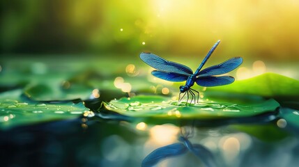 Blue Dragonfly Perched on Leaf Over Water Surface in Nature Background