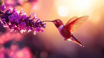 Vibrant Hummingbird Feeding on Colorful Purple Flower Petals