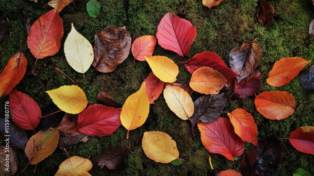 Poster an artistic arrangement of autumn leaves in various shades of red and yellow on a mossy forest floor