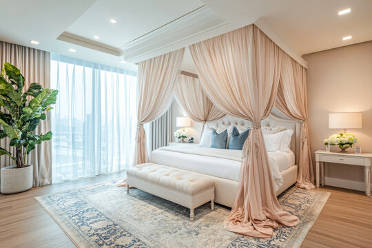 Elegant bedroom with canopy bed and modern decor in bright natural light