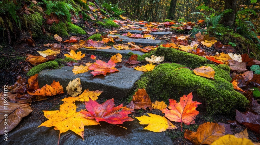 Poster an artistic arrangement of colorful autumn leaves scattered on a moss-covered stone path in a forest