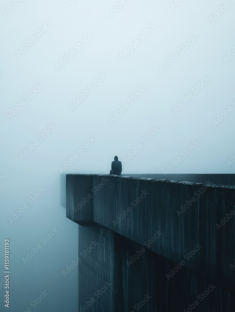 Poster Lonely figure on a fog covered bridge reflecting solitude in a tranquil setting at dusk. Generative AI